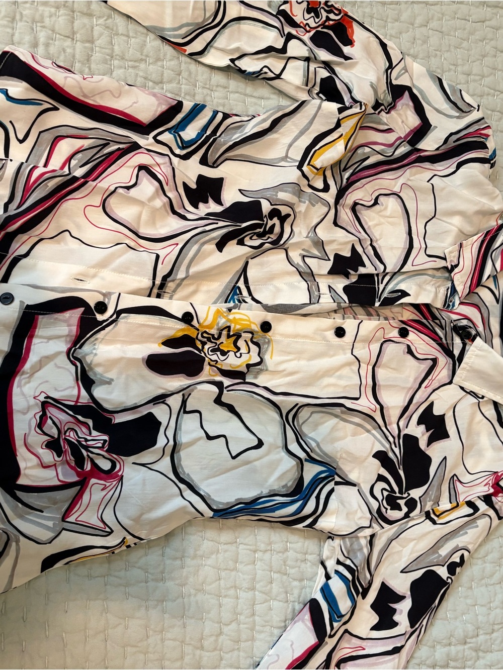 Abstract Floral Button-Front Blouse in White with Multicolor Accents